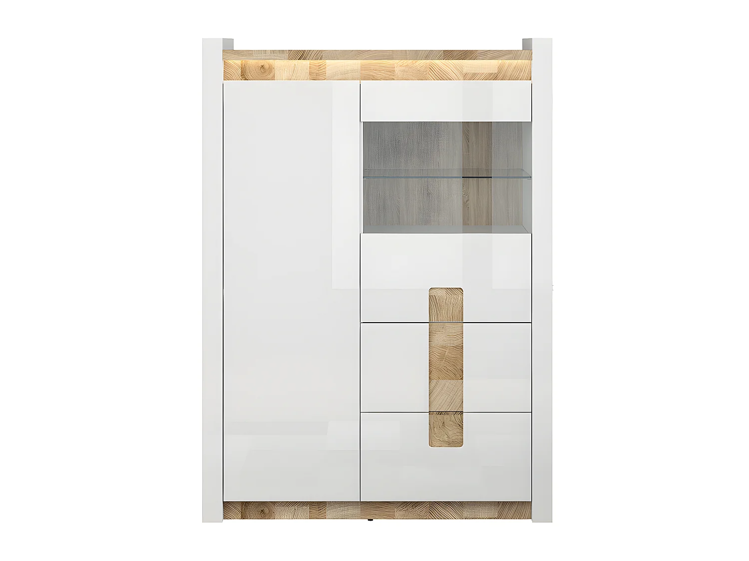 Vaisselier 2 portes 2 tiroirs avec LED Helios Blanc laqué et Bois