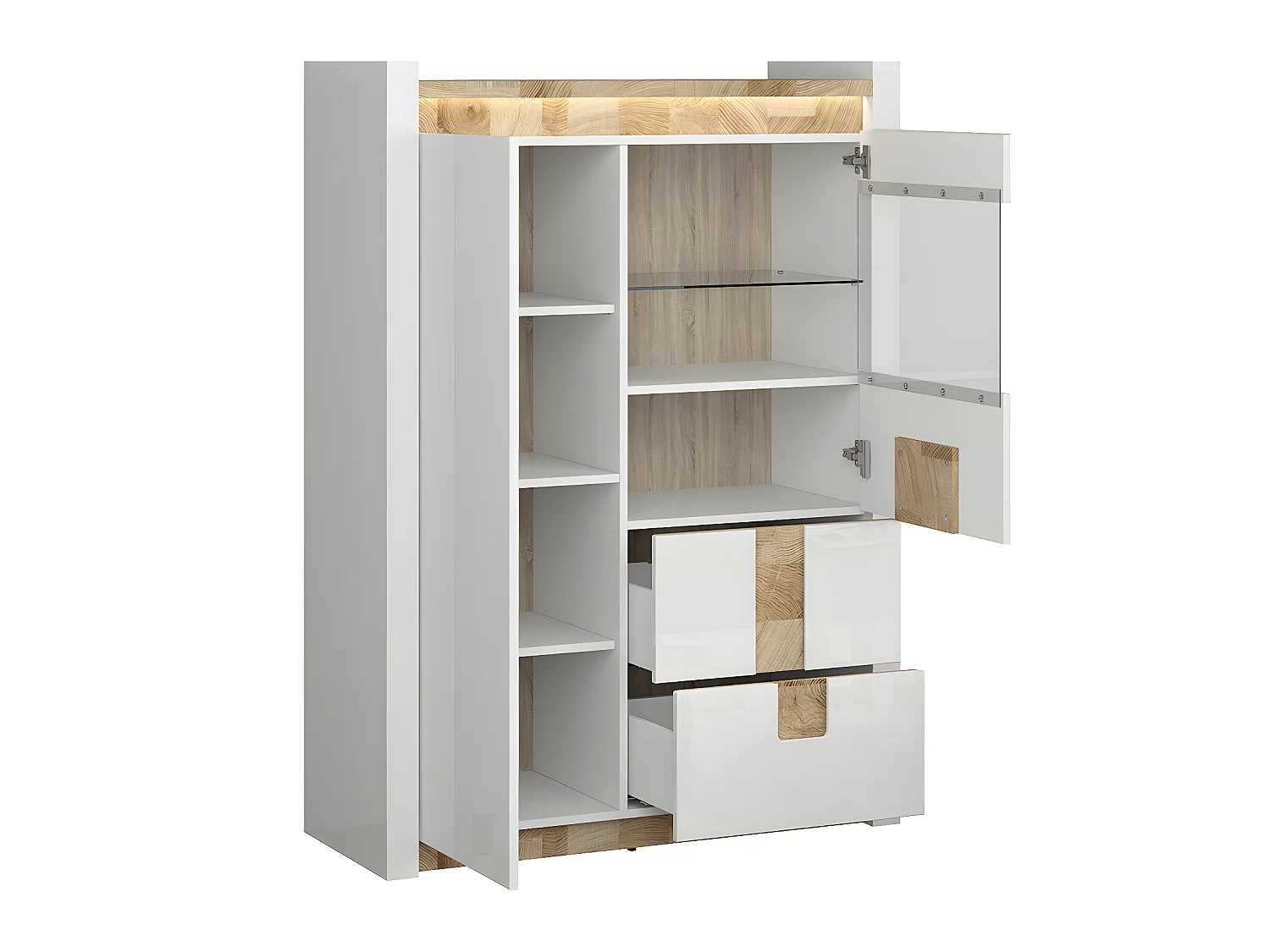 Vaisselier 2 portes 2 tiroirs avec LED Helios Blanc laqué et Bois