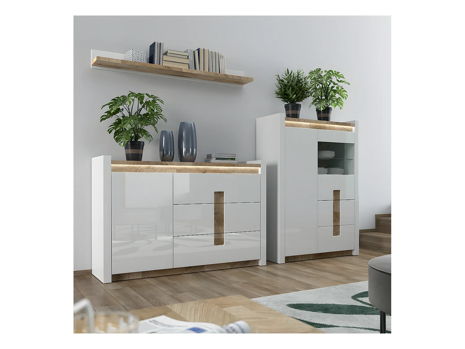 Vaisselier 2 portes 2 tiroirs avec LED Helios Blanc laqué et Bois