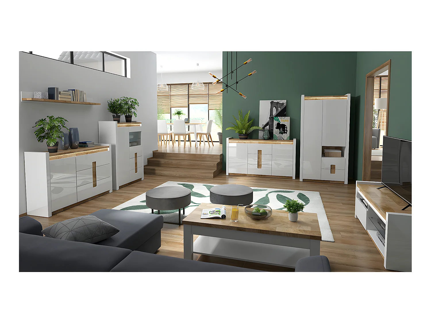 Vaisselier 2 portes 2 tiroirs avec LED Helios Blanc laqué et Bois