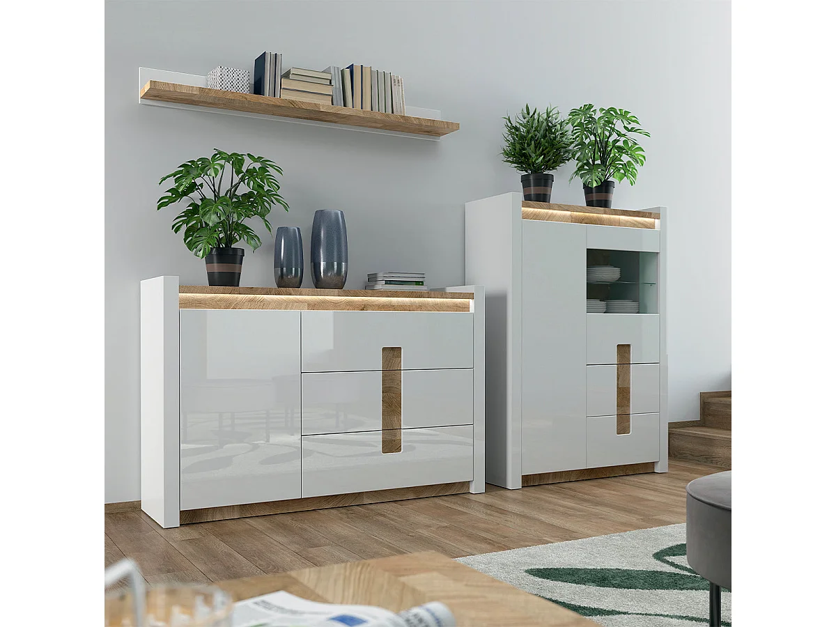 Vaisselier 2 portes 2 tiroirs avec LED Helios Blanc laqué et Bois
