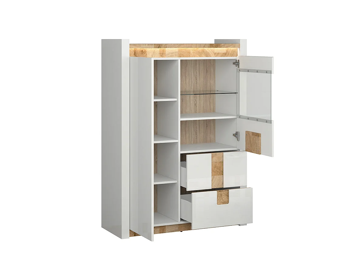 Vaisselier 2 portes 2 tiroirs avec LED Helios Blanc laqué et Bois