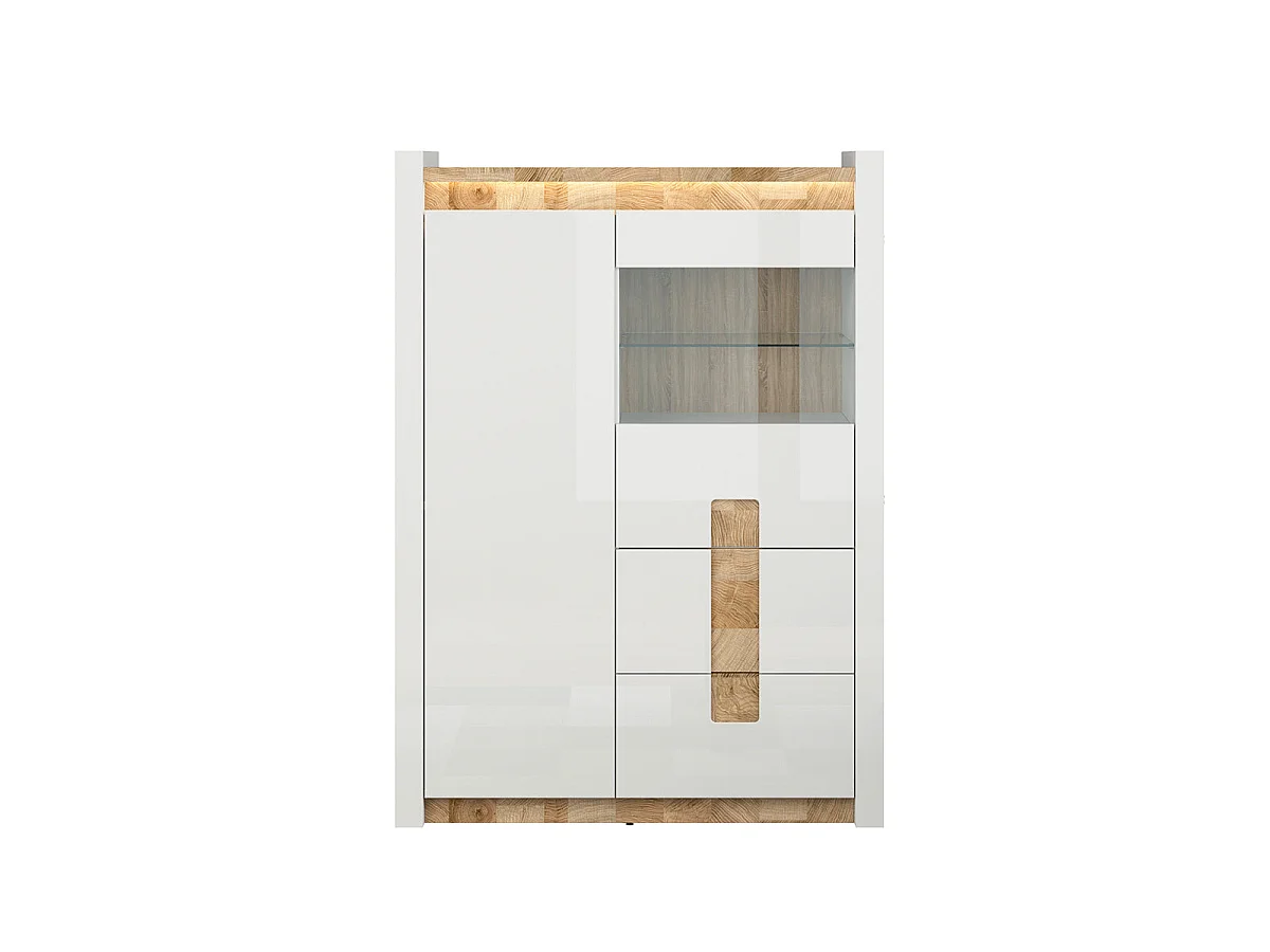 Vaisselier 2 portes 2 tiroirs avec LED Helios Blanc laqué et Bois
