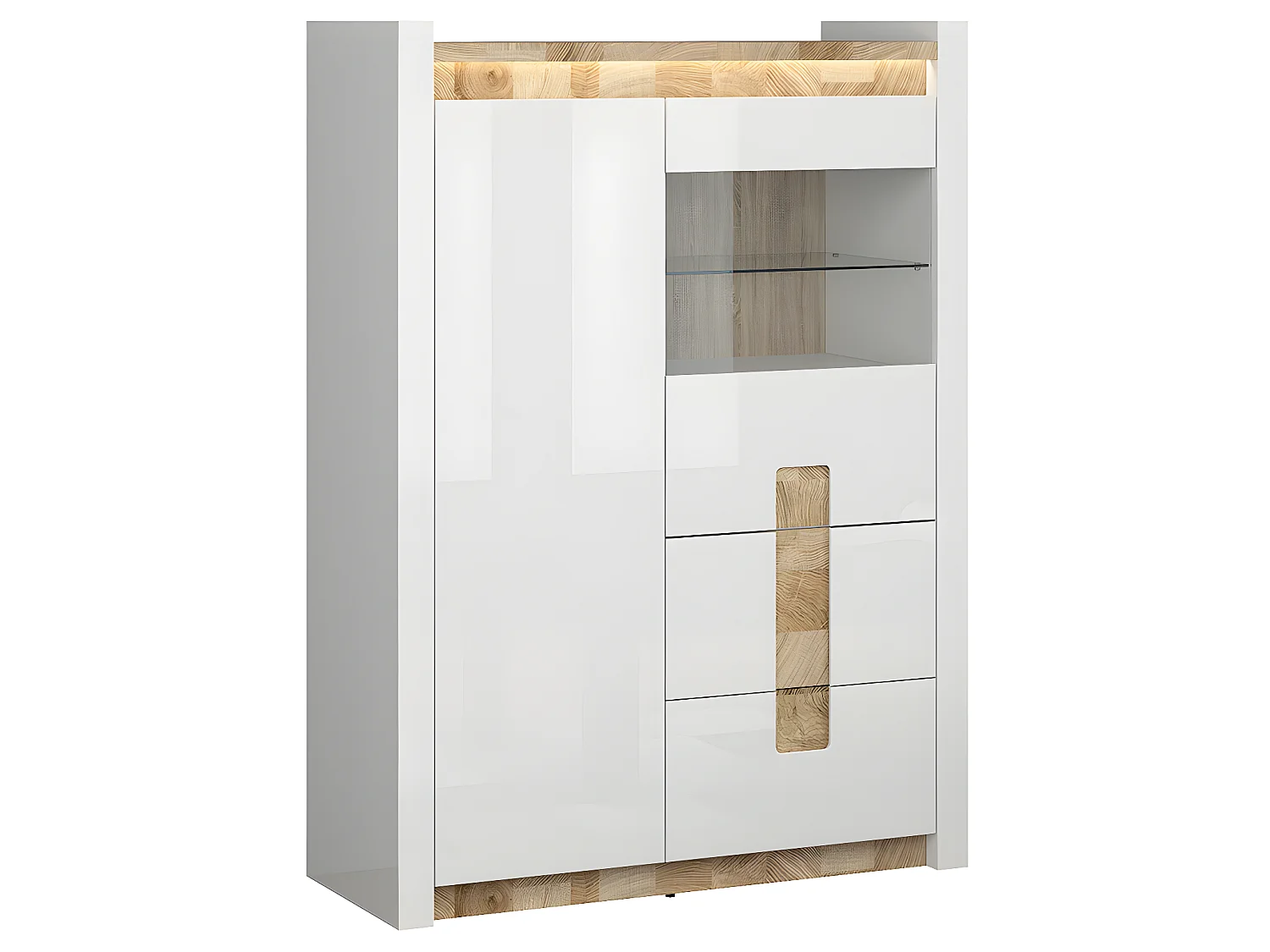 Vaisselier 2 portes 2 tiroirs avec LED Helios Blanc laqué et Bois