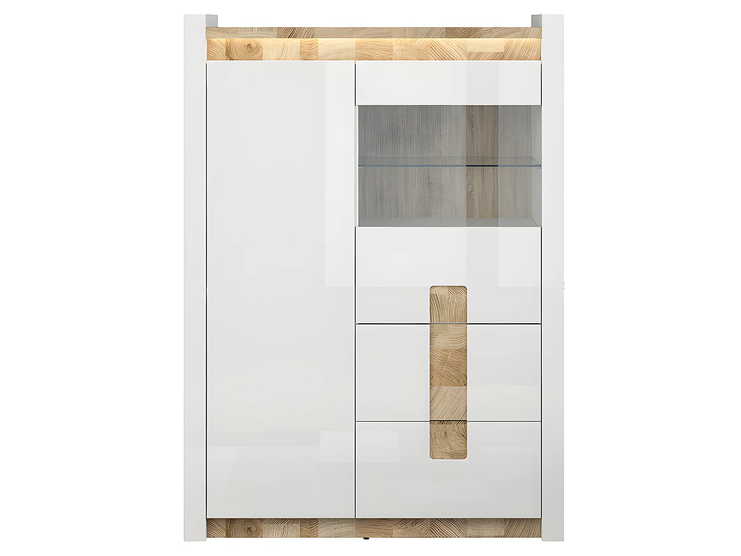 Vaisselier 2 portes 2 tiroirs avec LED Helios Blanc laqué et Bois