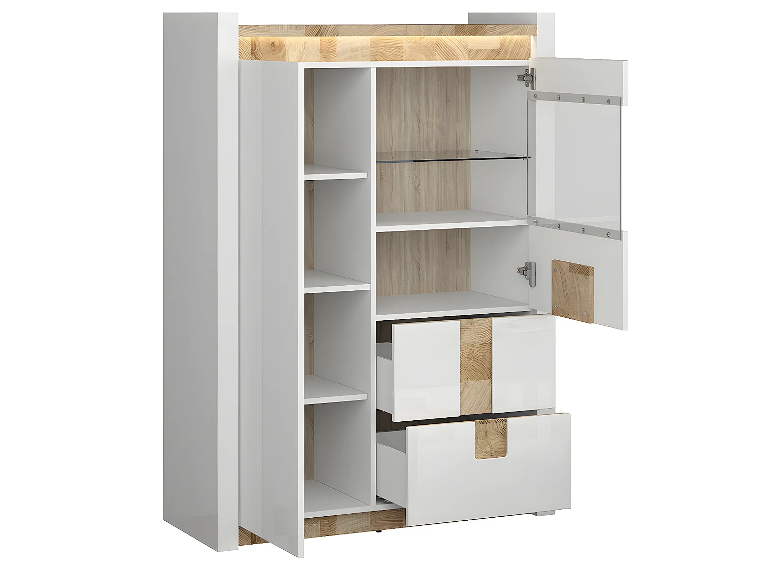 Vaisselier 2 portes 2 tiroirs avec LED Helios Blanc laqué et Bois