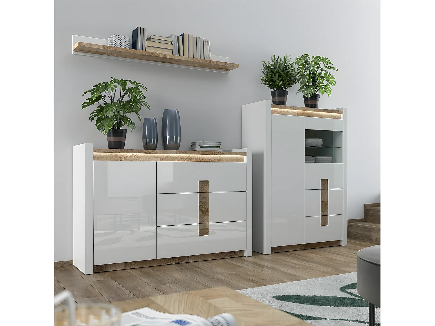 Vaisselier 2 portes 2 tiroirs avec LED Helios Blanc laqué et Bois