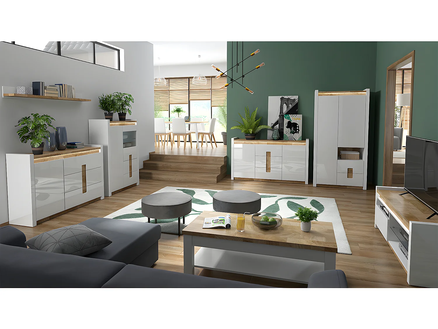 Vaisselier 2 portes 2 tiroirs avec LED Helios Blanc laqué et Bois