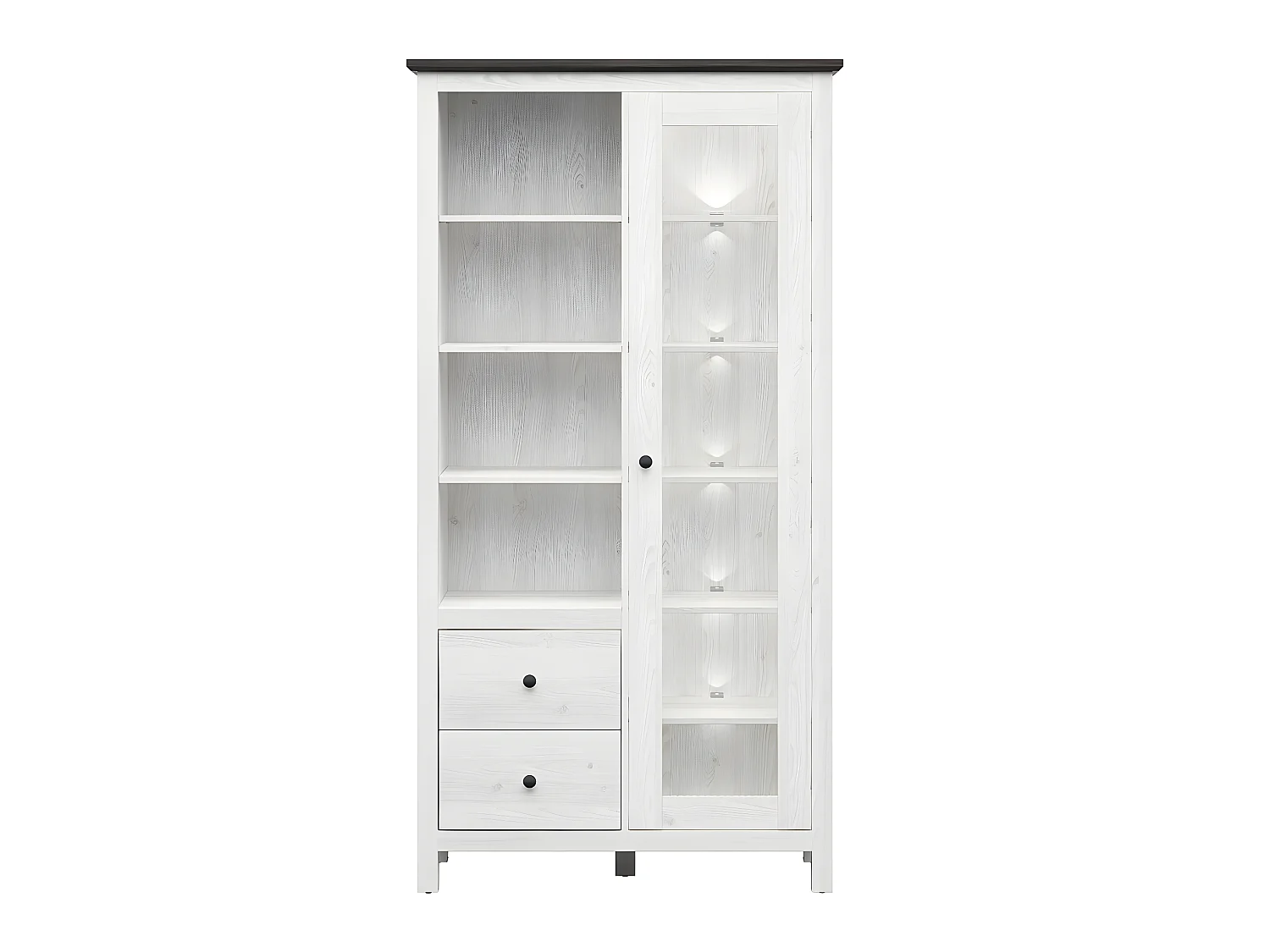 Geschirrschrank, 1 Tür, 2 Schubladen mit LED Duck Weiß und Dunkles Holz