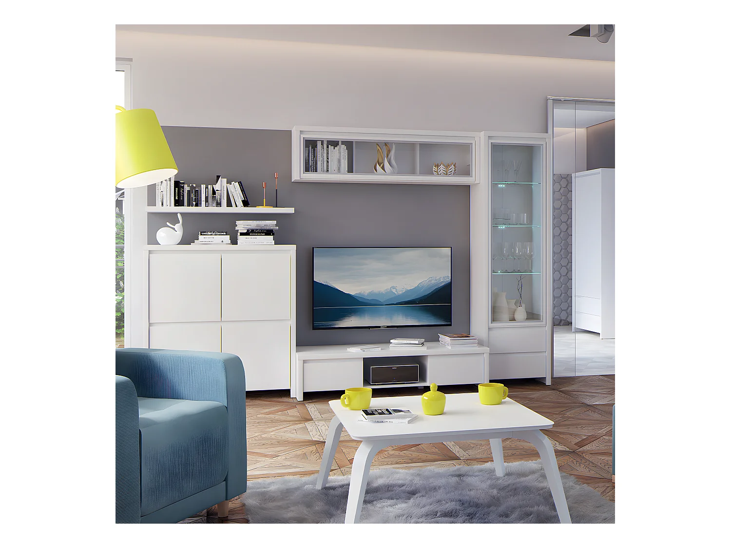 Vitrine 1 porte 2 tiroirs Soren Blanc