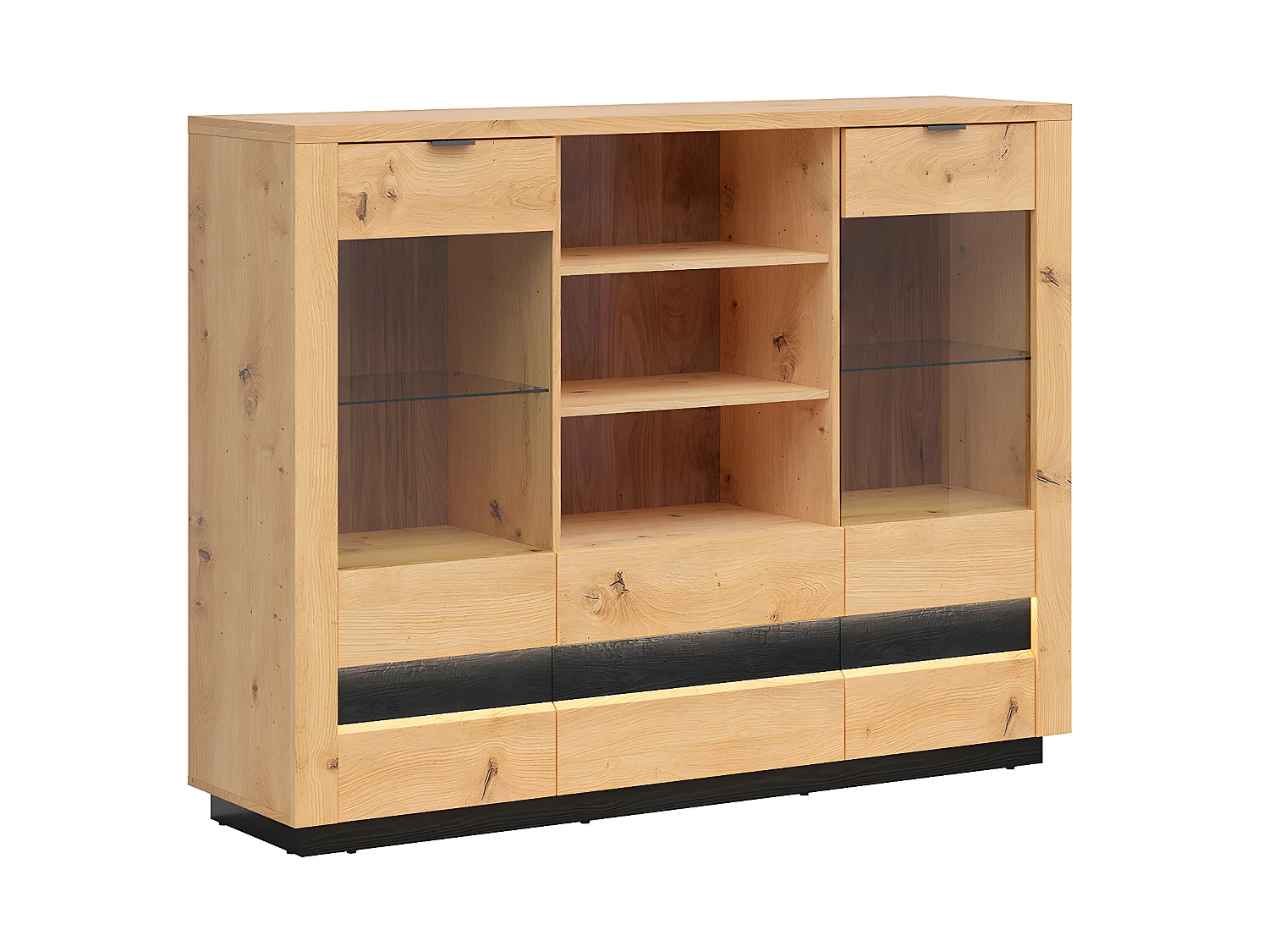 Vajillero bajo 2 puertas 2 cajones con LED Glenn Madera y Negro