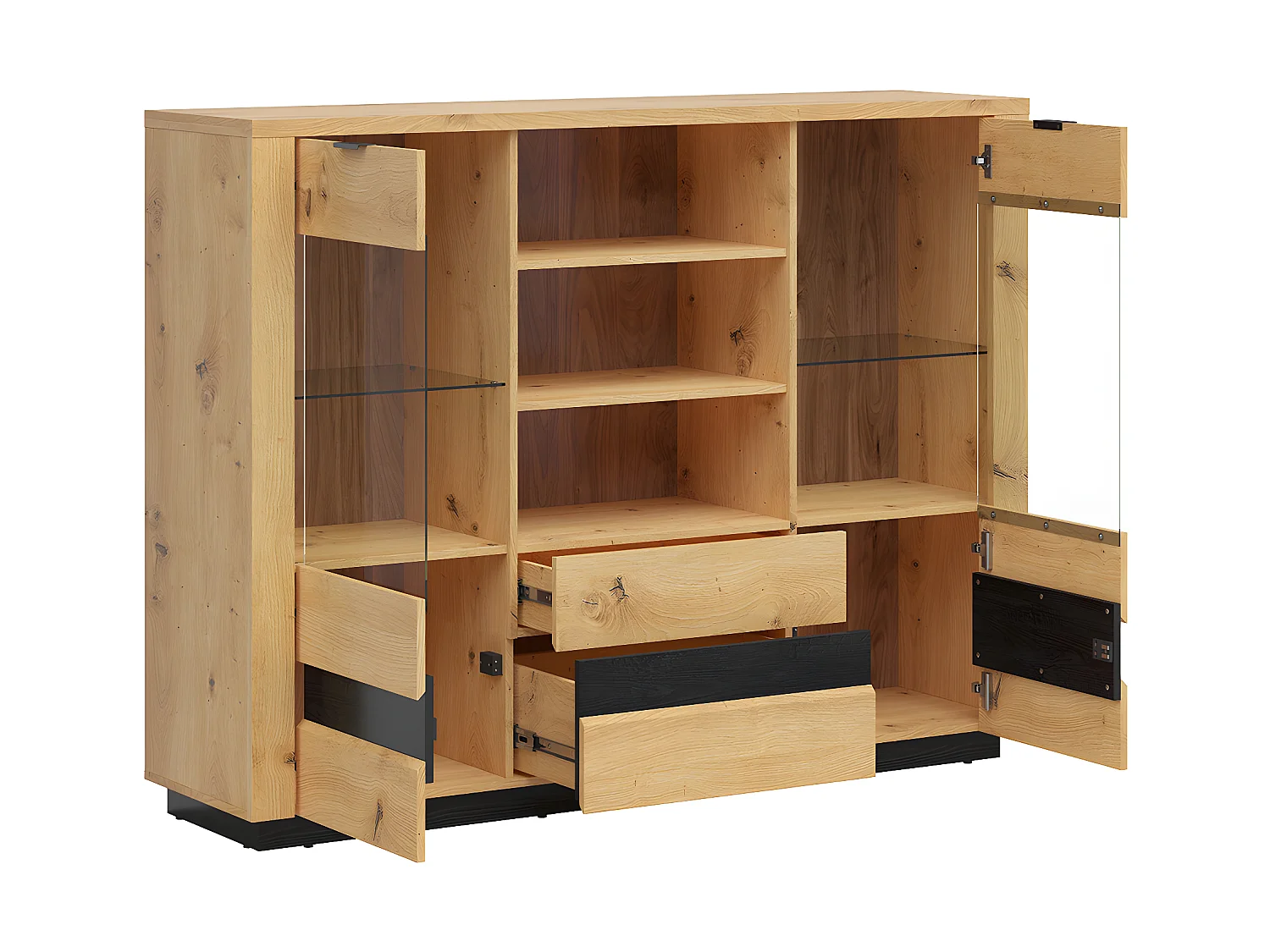 Vajillero bajo 2 puertas 2 cajones con LED Glenn Madera y Negro