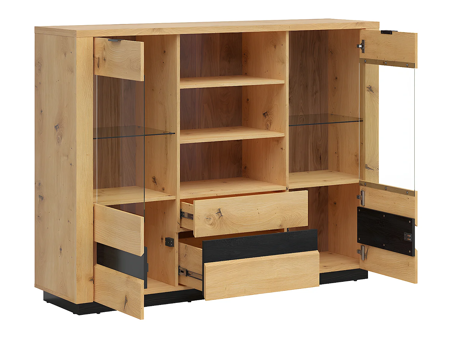 2 deurs 2 lade laag dressoir met LED Glenn Hout en Zwart