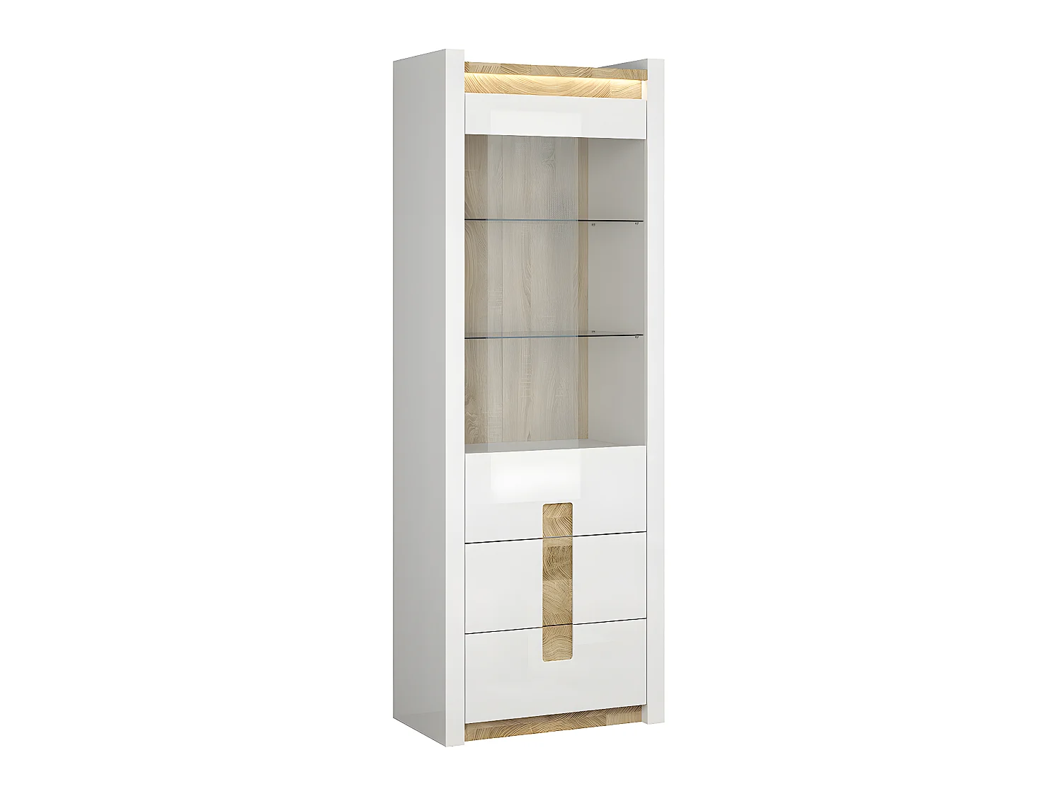 Vitrine 1 porte 2 tiroirs avec LED Helios Blanc laqué et Bois