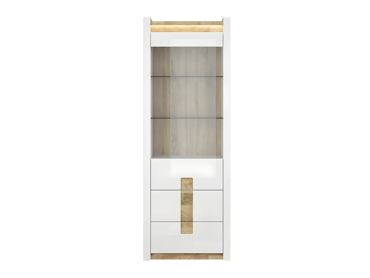 Vitrine 1 porte 2 tiroirs avec LED Helios Blanc laqué et Bois