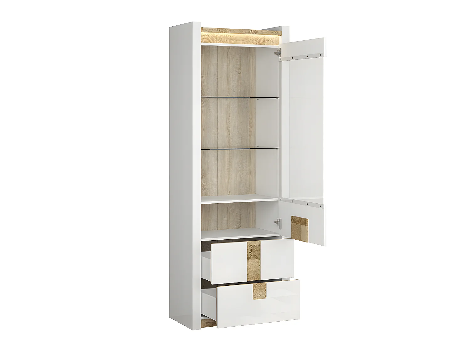 Vitrine 1 porte 2 tiroirs avec LED Helios Blanc laqué et Bois