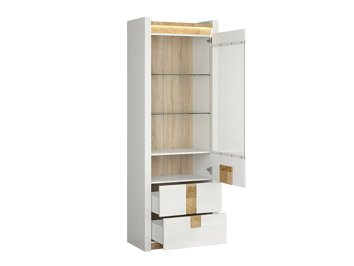 Vitrine 1 Tür 2 Schubladen mit LED Helios Weiß lackiert und Holz