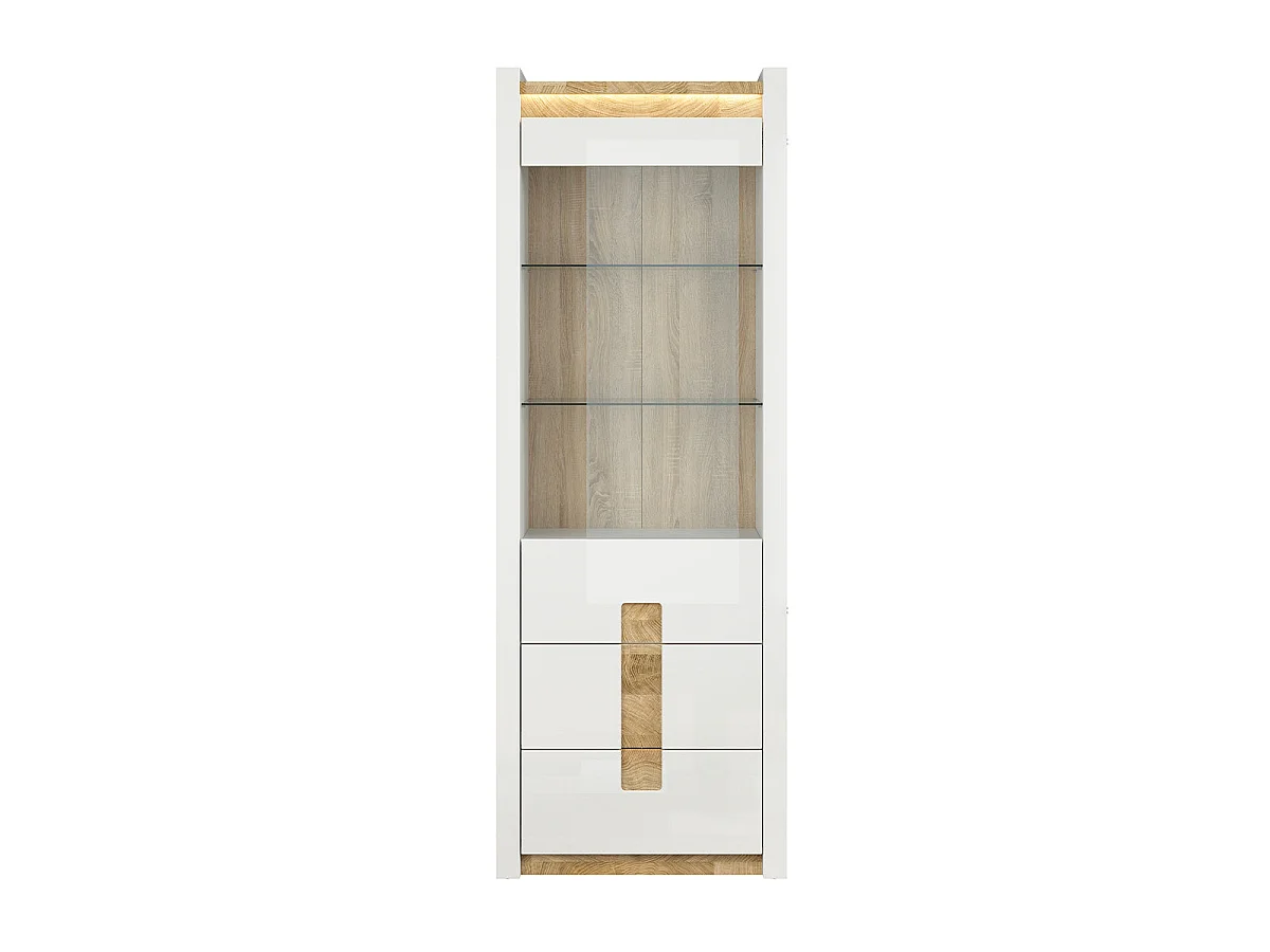 Vitrine 1 Tür 2 Schubladen mit LED Helios Weiß lackiert und Holz