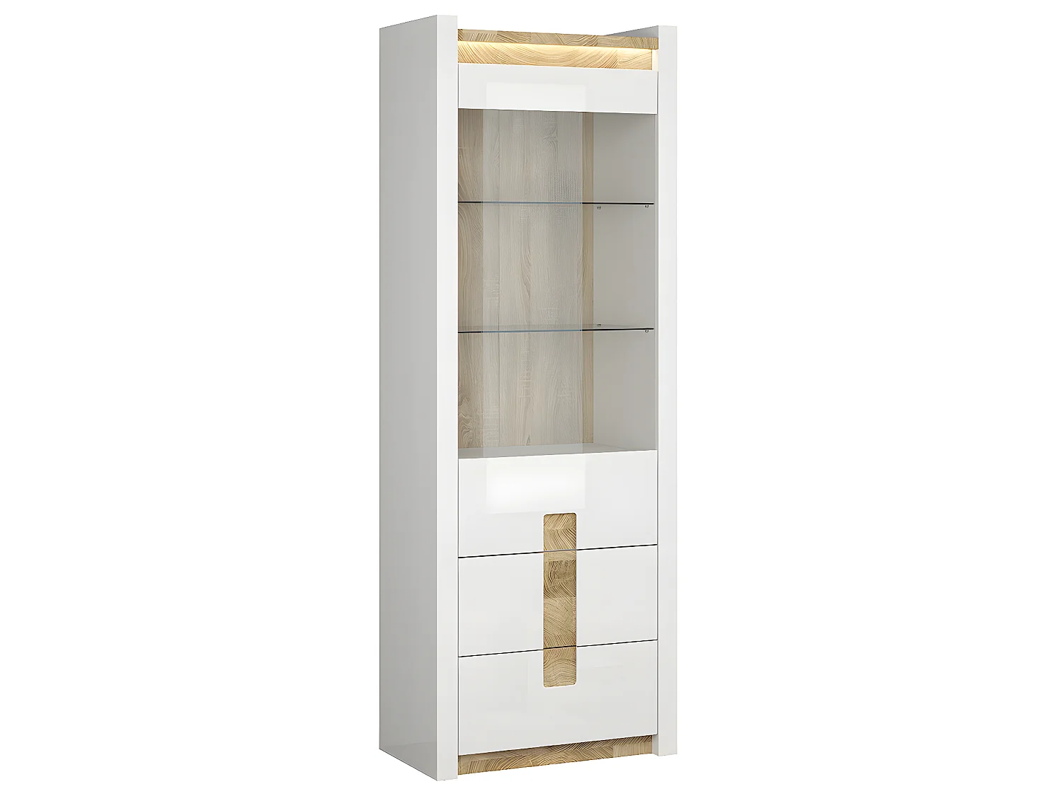 Vitrine 1 porte 2 tiroirs avec LED Helios Blanc laqué et Bois