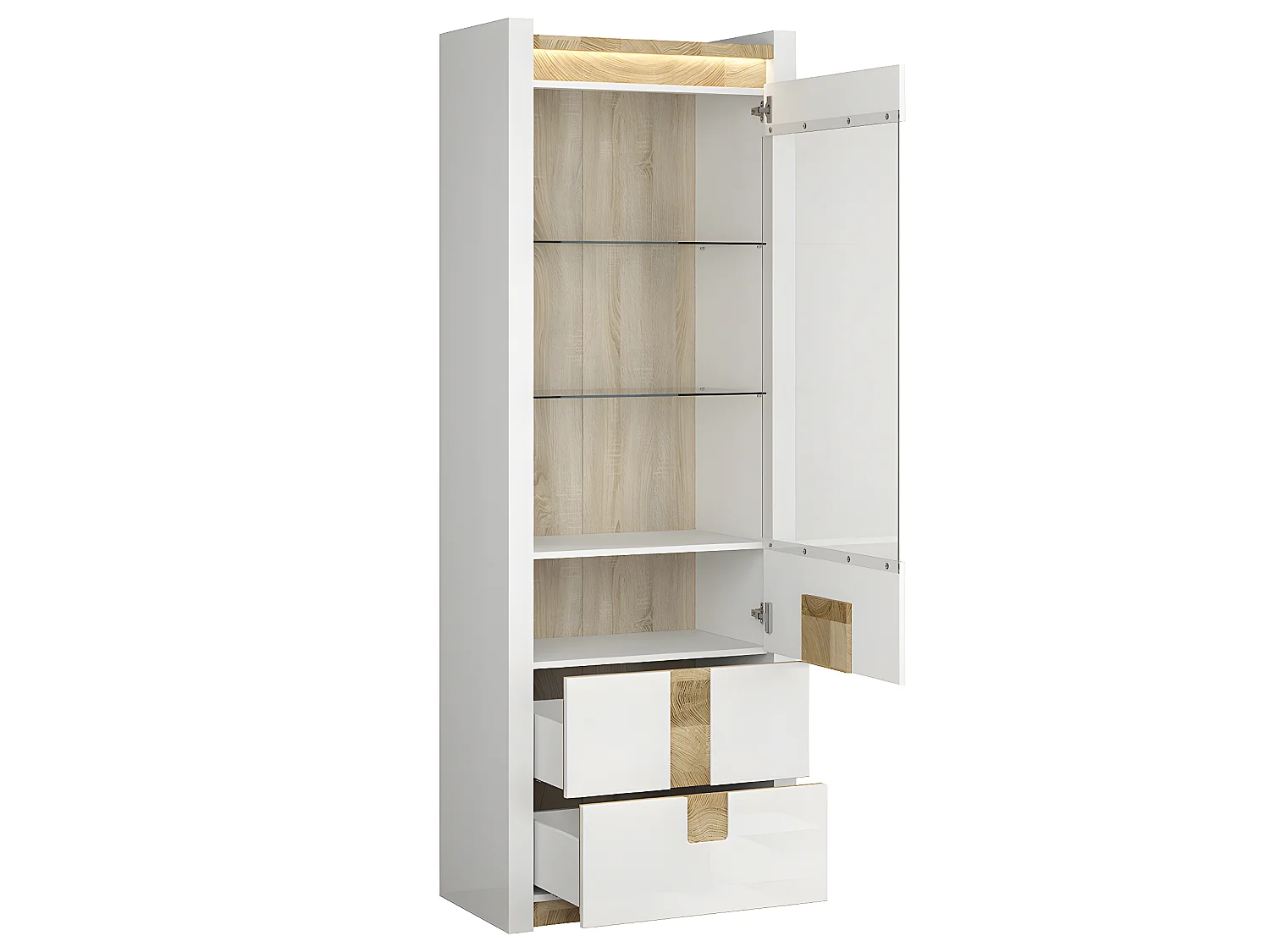 Vitrine 1 porte 2 tiroirs avec LED Helios Blanc laqué et Bois