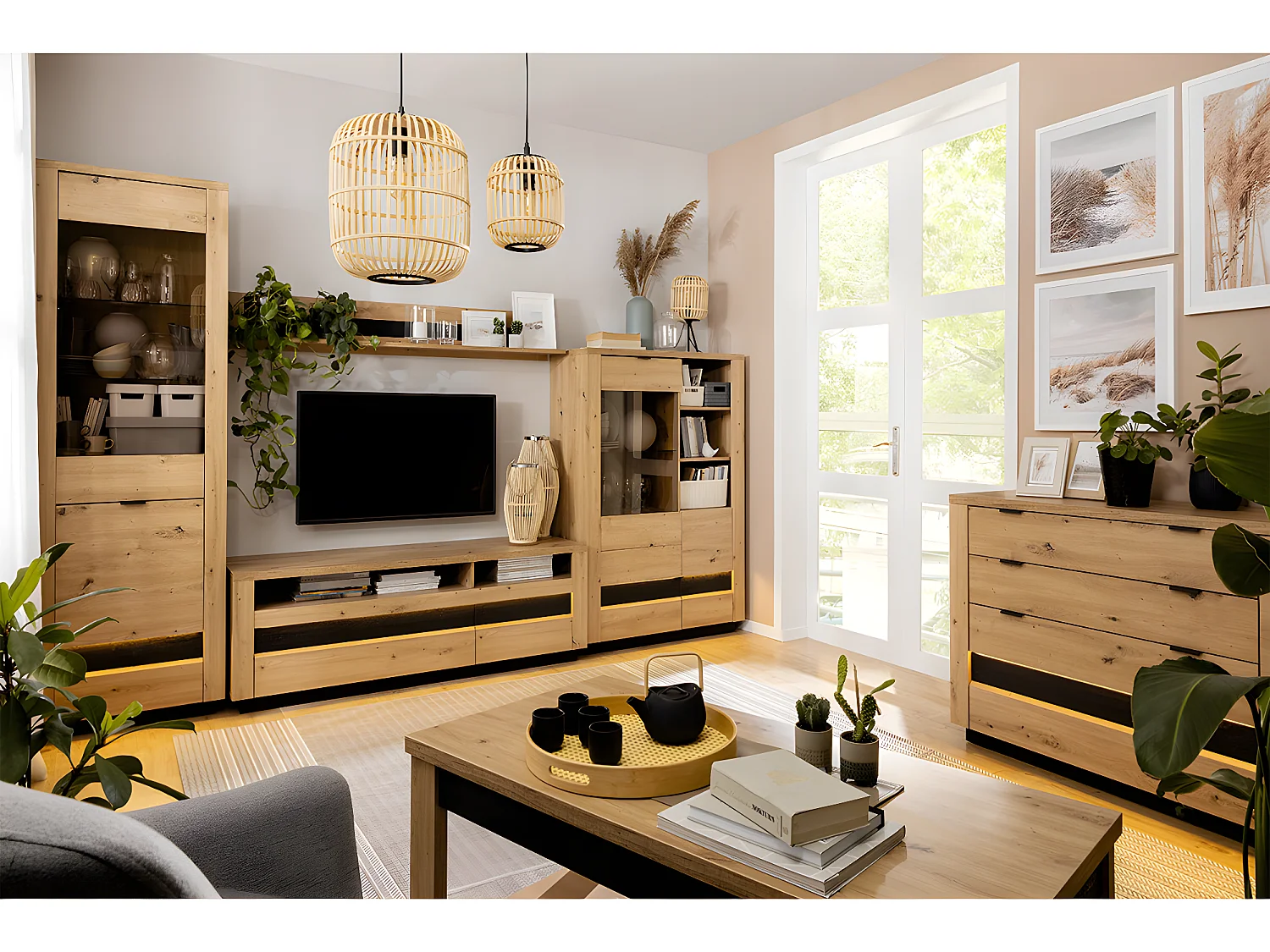 Vitrine 2 portes avec LED Glenn Bois et Noir