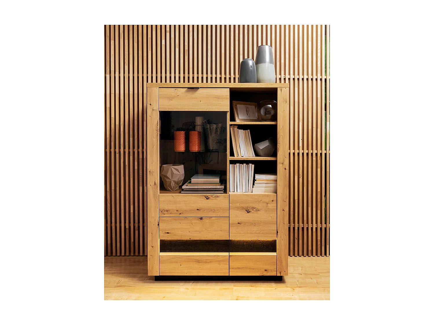 Vaisselier 2 portes 2 tiroirs avec LED Glenn Bois et Noir