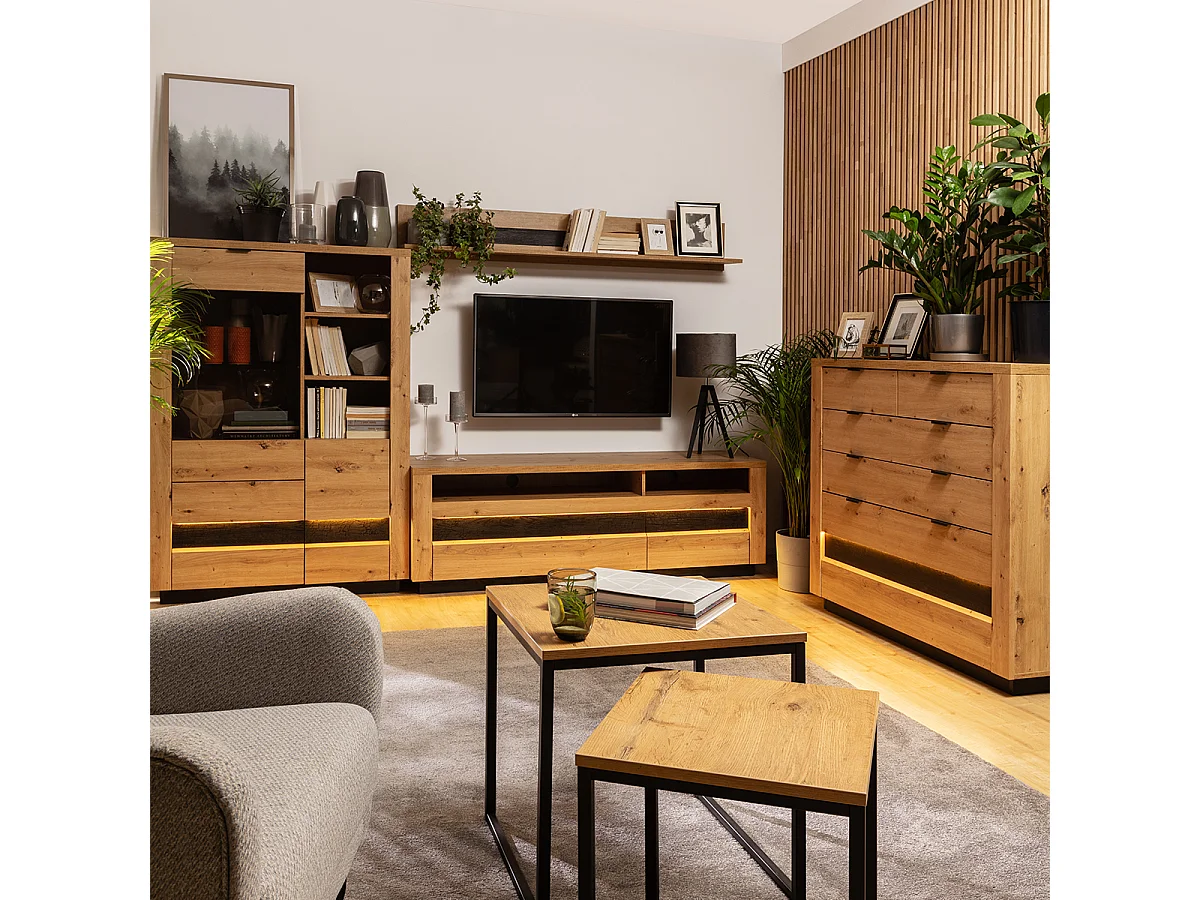 Vaisselier 2 portes 2 tiroirs avec LED Glenn Bois et Noir