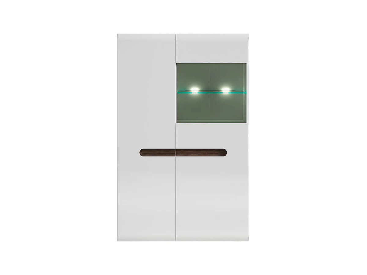 Niedrig-Vitrine mit 2 Türen und LED Darrel Weiß lackiert und Holz