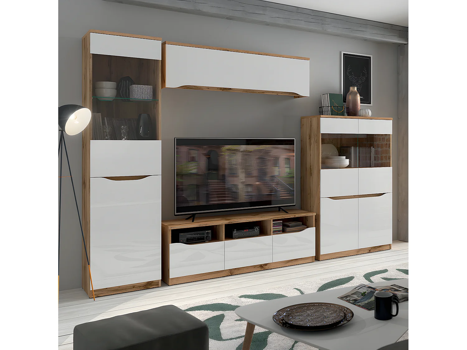 Vitrina de 1 porta June Branco e Madeira