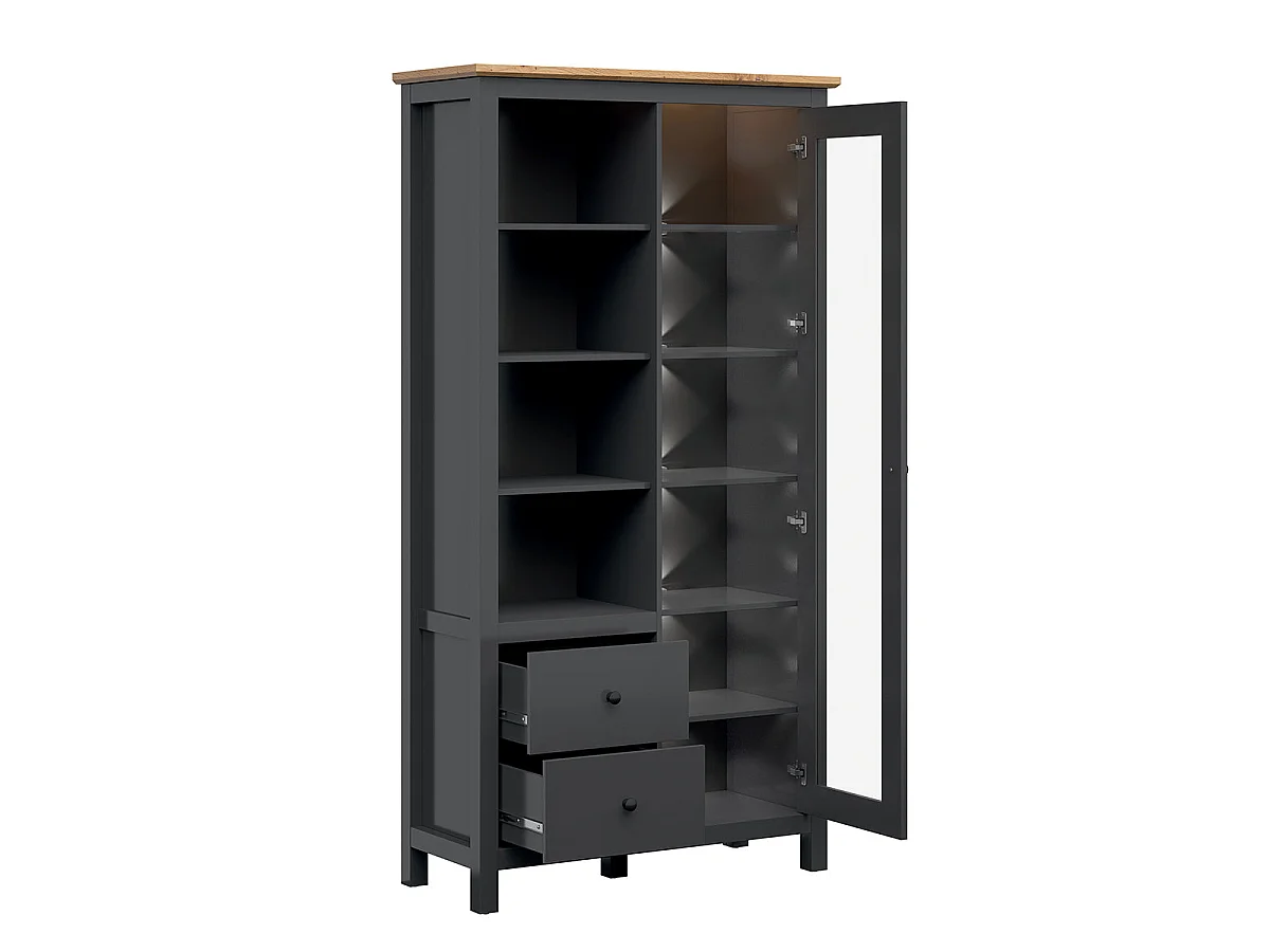 Geschirrschrank 1 Tür 2 Schubladen mit LED Duck Anthrazitgrau und Holz