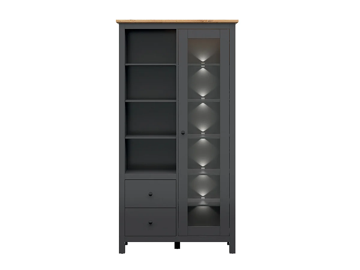Geschirrschrank 1 Tür 2 Schubladen mit LED Duck Anthrazitgrau und Holz