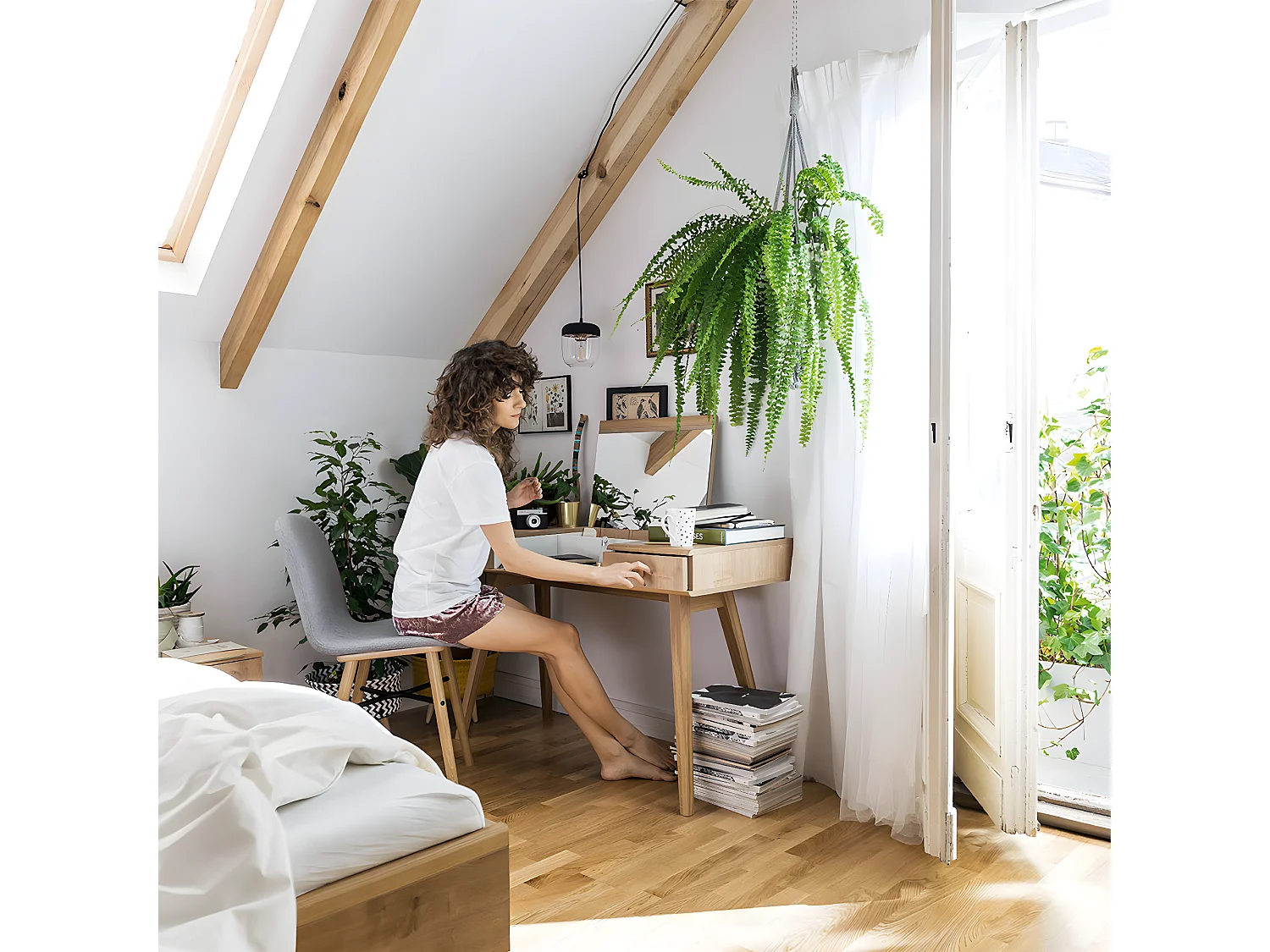 Coiffeuse bureau avec miroir Nature Bois