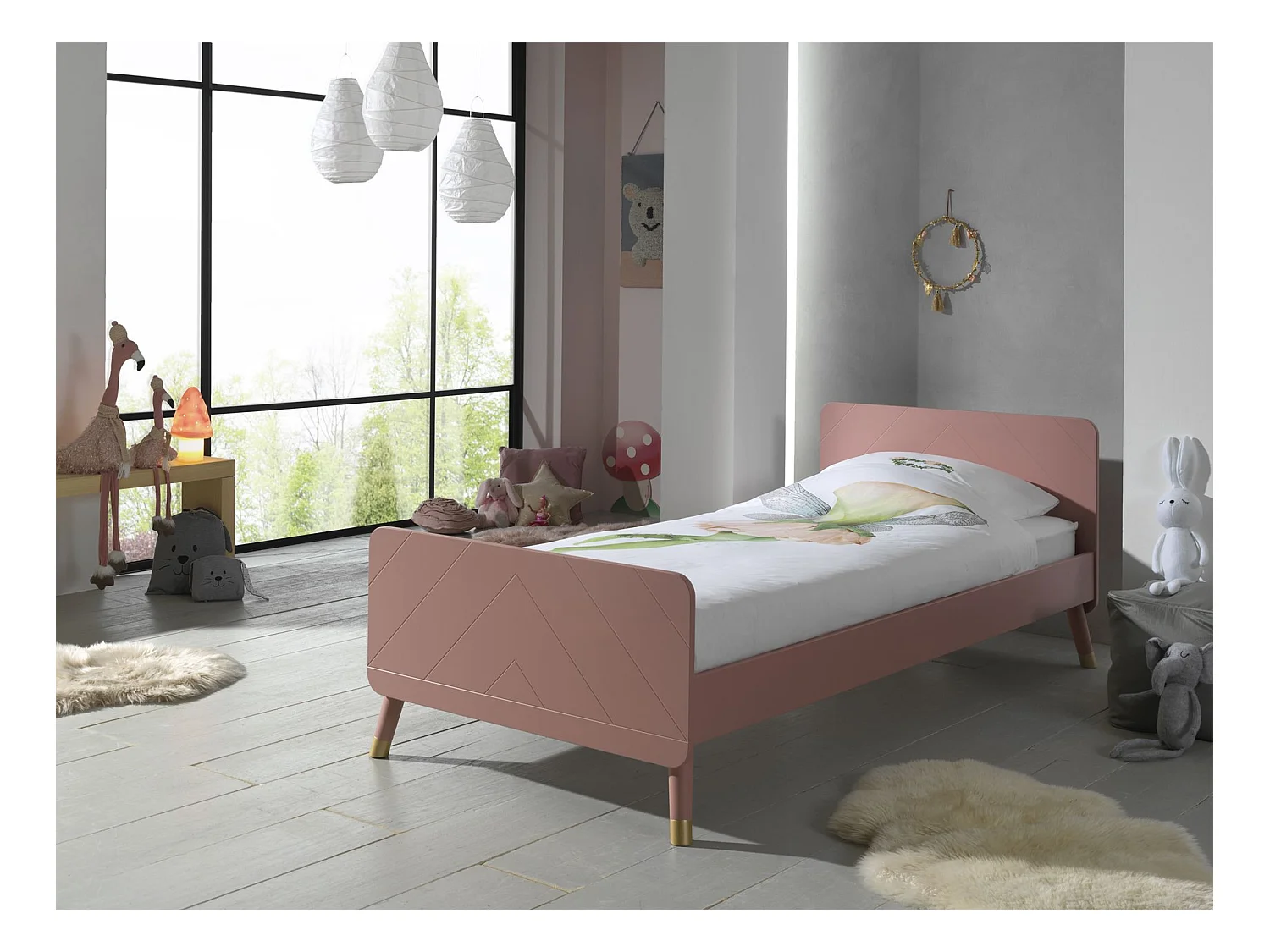 Kinderbed 90x200 cm met satijnroze aardehouten onderstel Funy