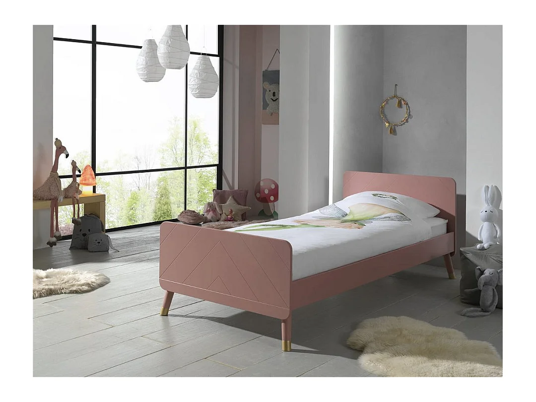 Kinderbed 90x200 cm met satijnroze aardehouten onderstel Funy