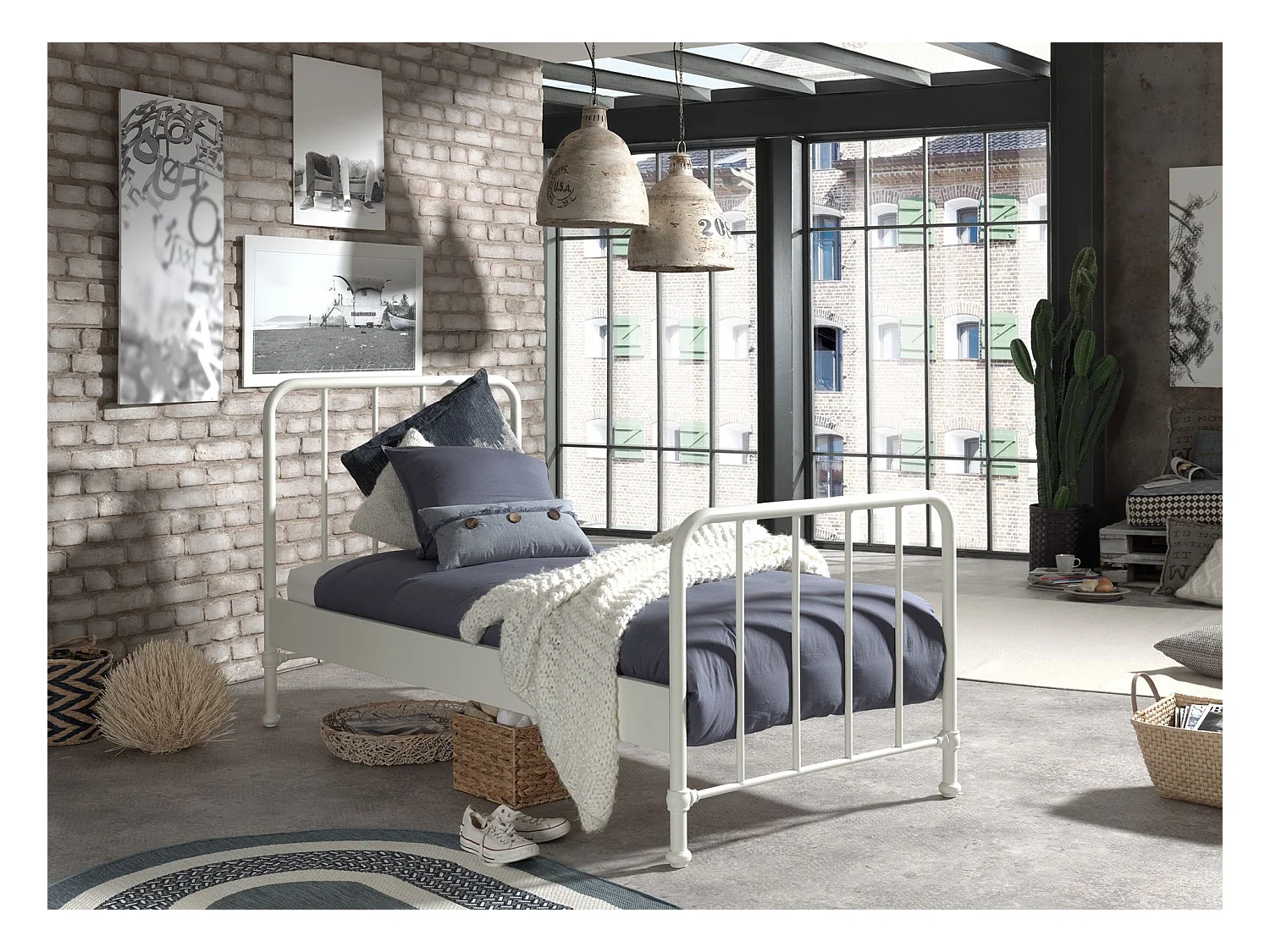 Cama individual Bronx de metal blanco mate 90x200 cm