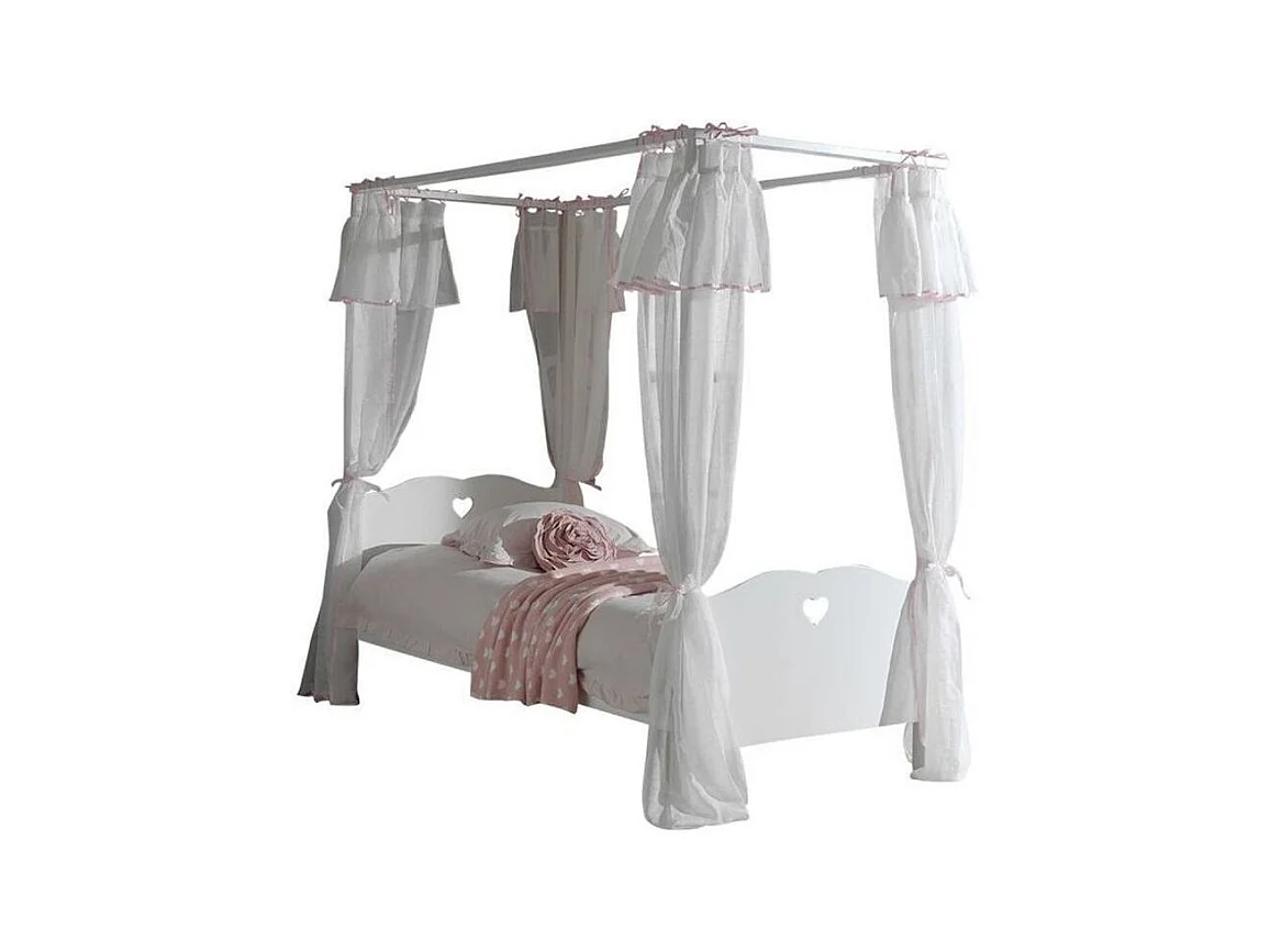 Pack - Lit à Baldaquin Enfant, Sommier & Voile "Amori" 90x200cm Blanc