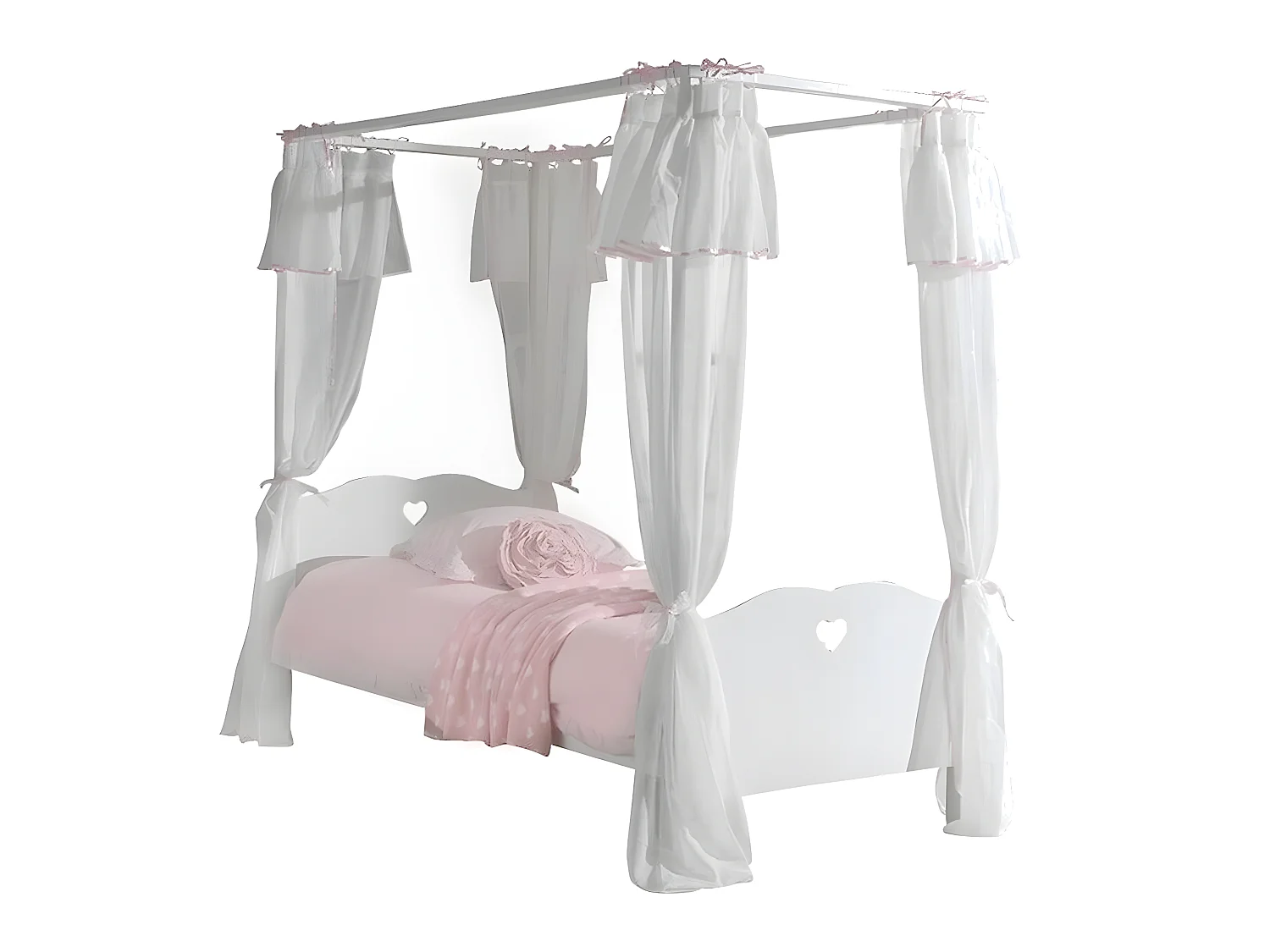 Pack - Lit à Baldaquin Enfant, Sommier & Voile "Amori" 90x200cm Blanc