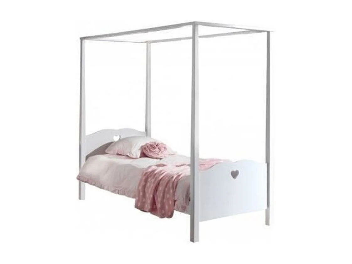 Pack - Lit à Baldaquin Enfant, Sommier & Voile "Amori" 90x200cm Blanc