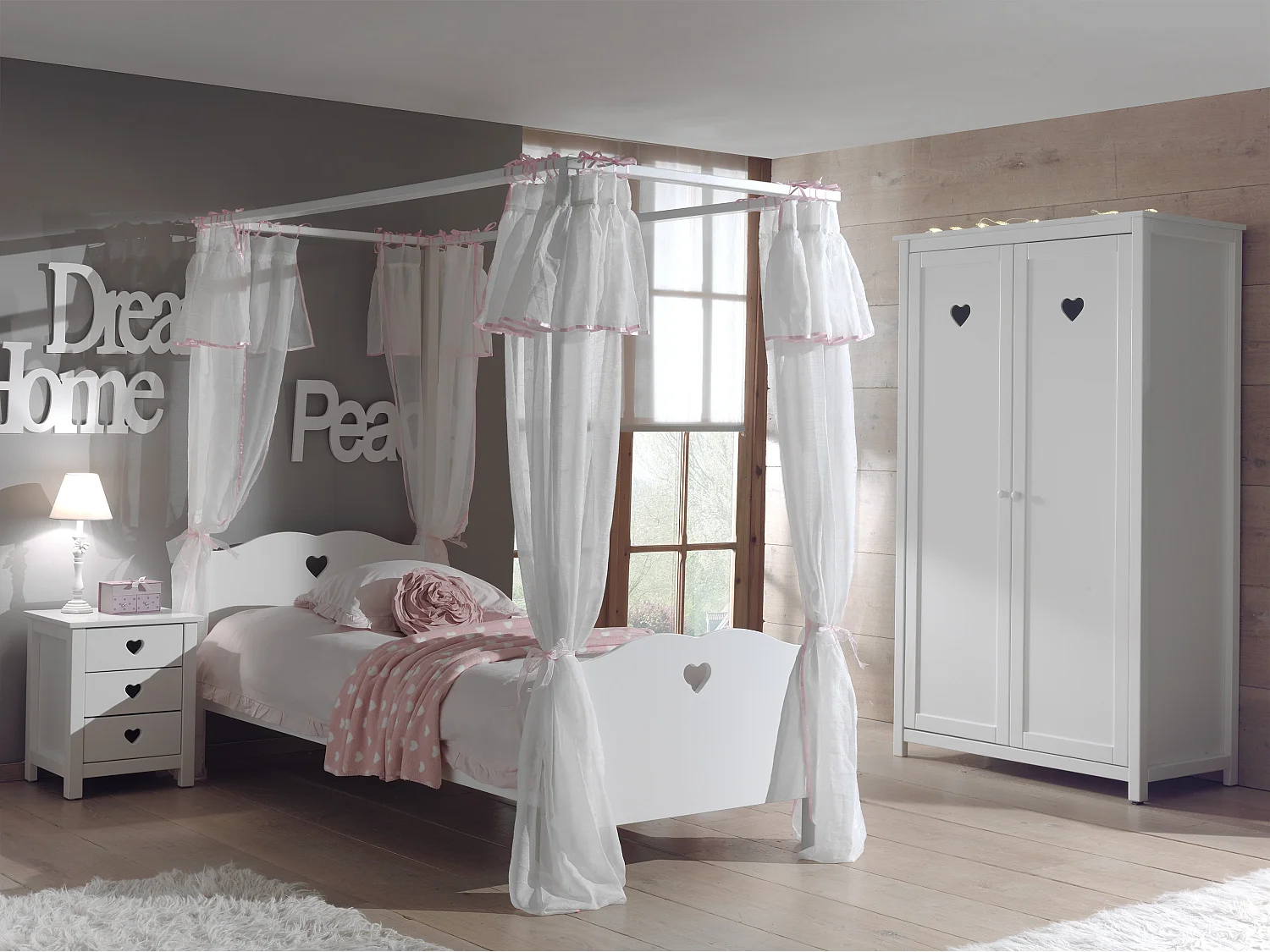 Pack - Lit à Baldaquin Enfant, Sommier & Voile "Amori" 90x200cm Blanc