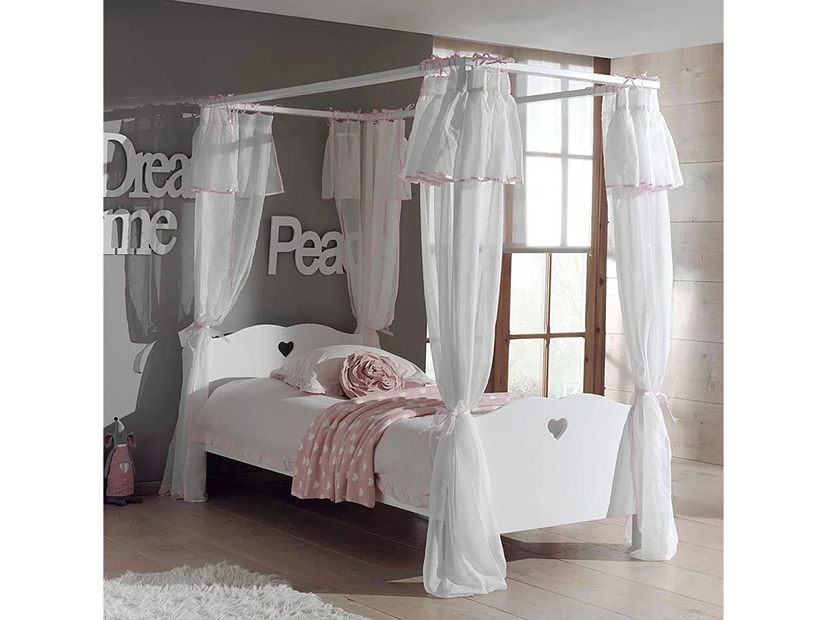 Pack - Lit à Baldaquin Enfant, Sommier & Voile "Amori" 90x200cm Blanc