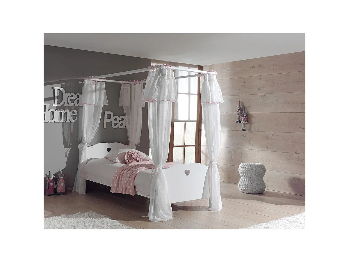 Pack - Lit à Baldaquin Enfant, Sommier & Voile "Amori" 90x200cm Blanc