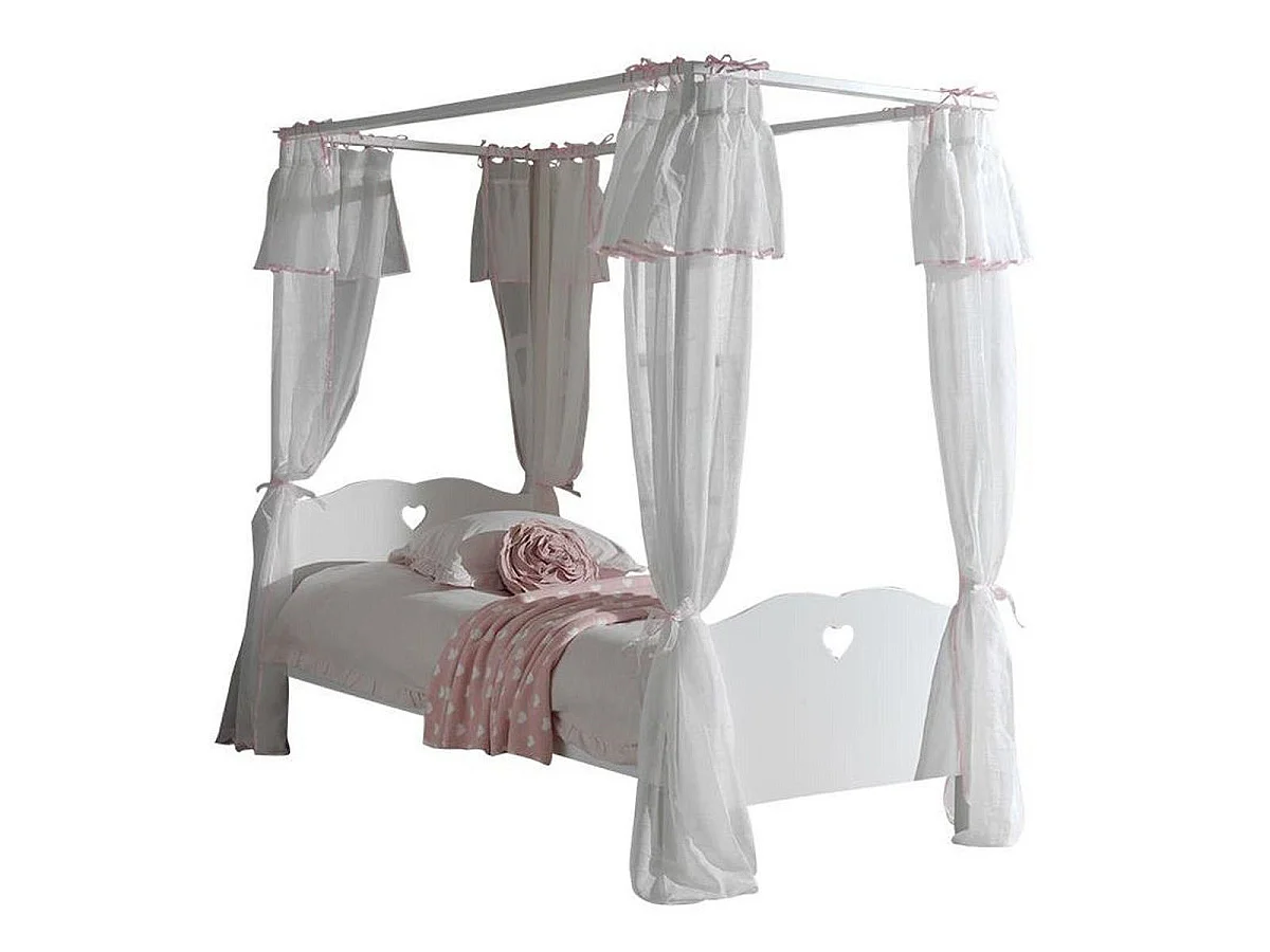 Pack - Lit à Baldaquin Enfant, Sommier & Voile "Amori" 90x200cm Blanc