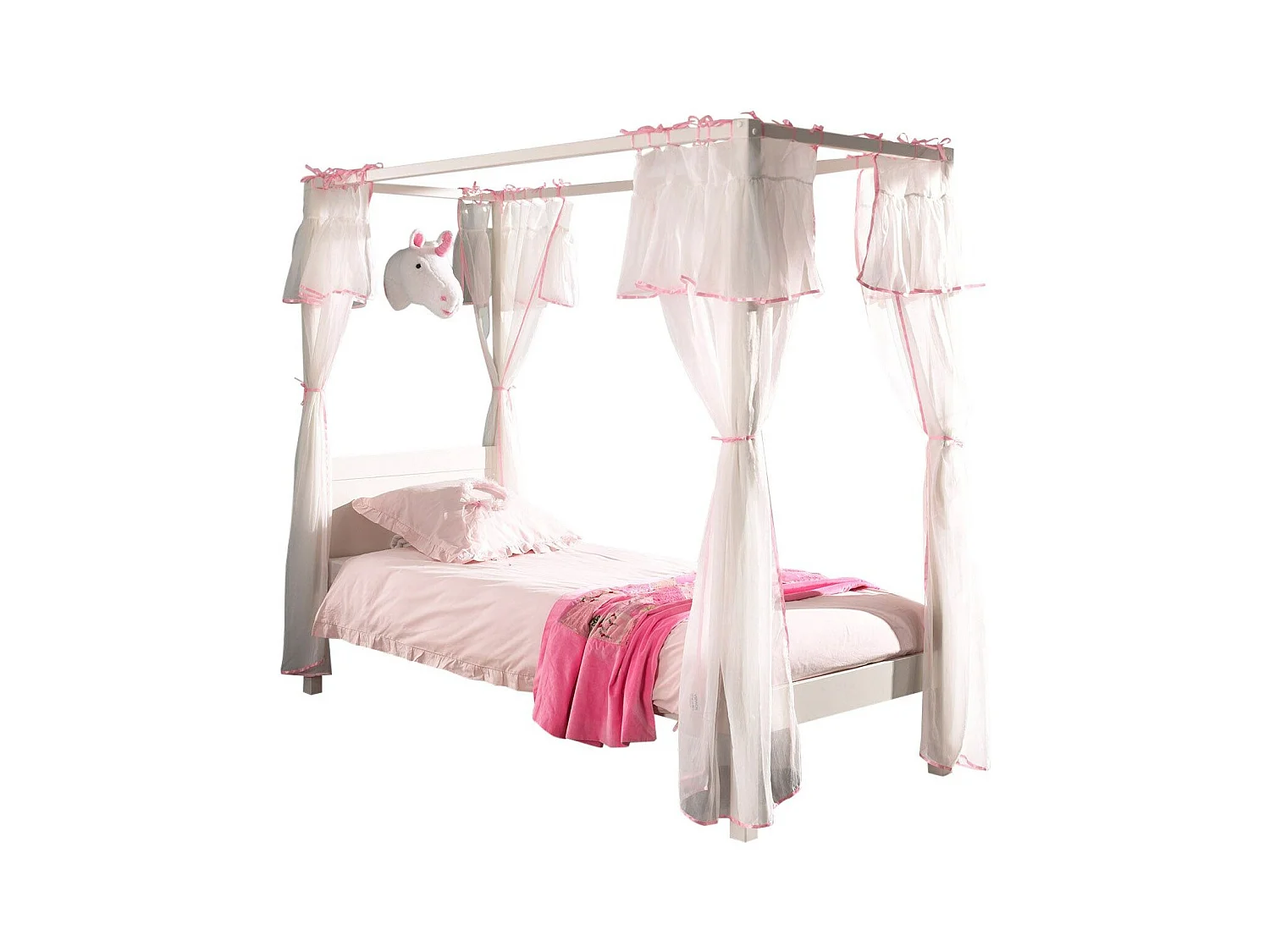 Lit Enfant à Baldaquin & Voile "Pino" 90x200cm Blanc & Rose