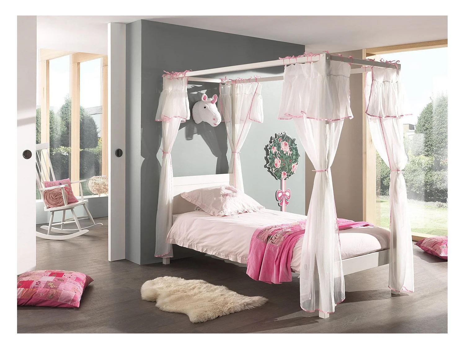 Lit Enfant à Baldaquin & Voile "Pino" 90x200cm Blanc & Rose