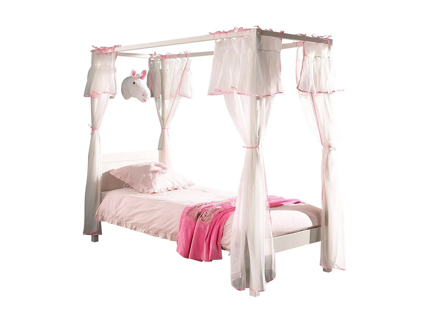 Lit Enfant à Baldaquin & Voile "Pino" 90x200cm Blanc & Rose