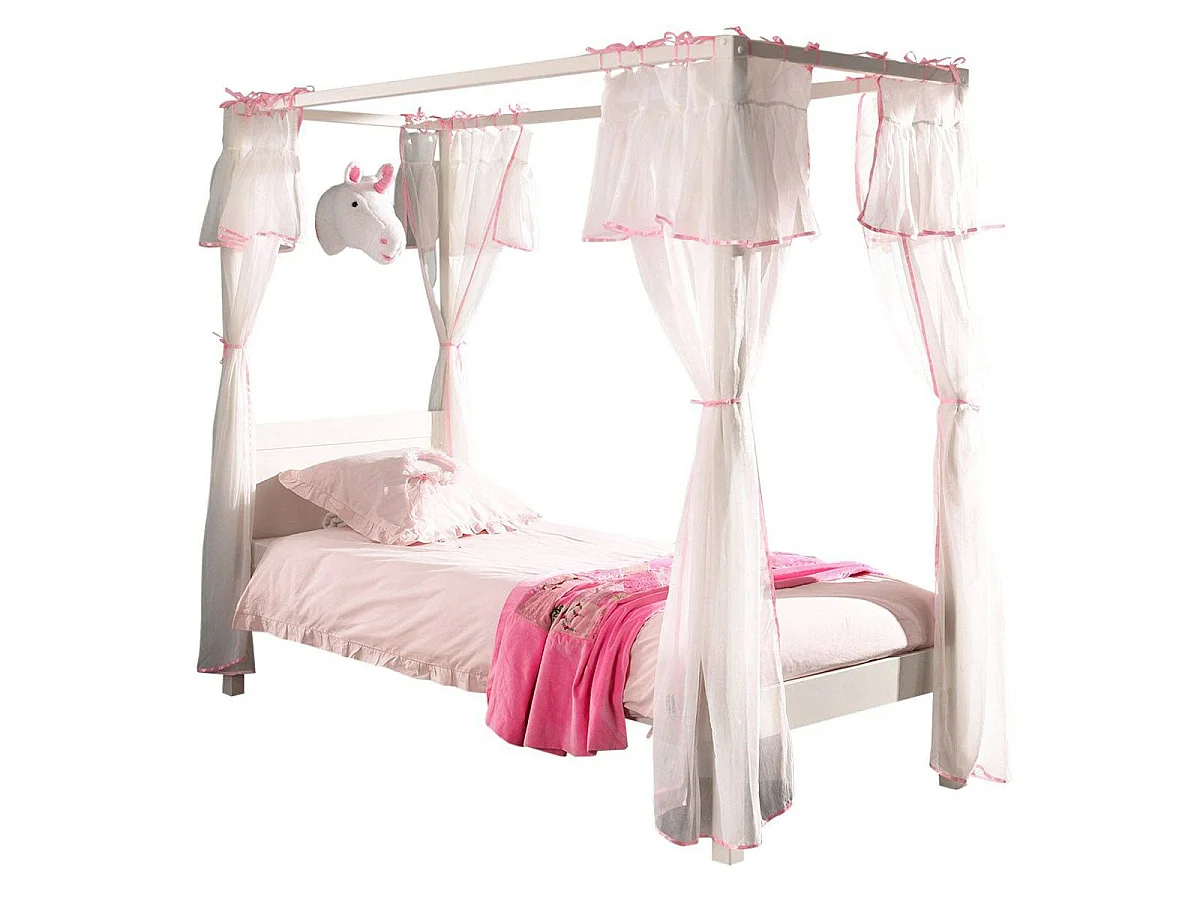 Lit Enfant à Baldaquin & Voile "Pino" 90x200cm Blanc & Rose
