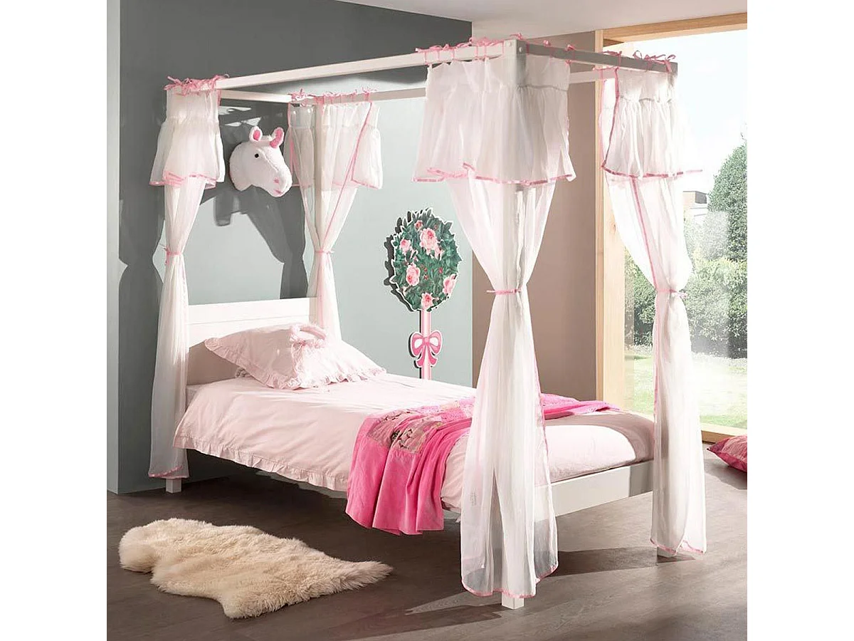 Lit Enfant à Baldaquin & Voile "Pino" 90x200cm Blanc & Rose