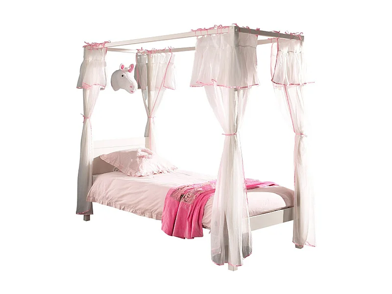 Lit Enfant à Baldaquin & Voile "Pino" 90x200cm Blanc & Rose