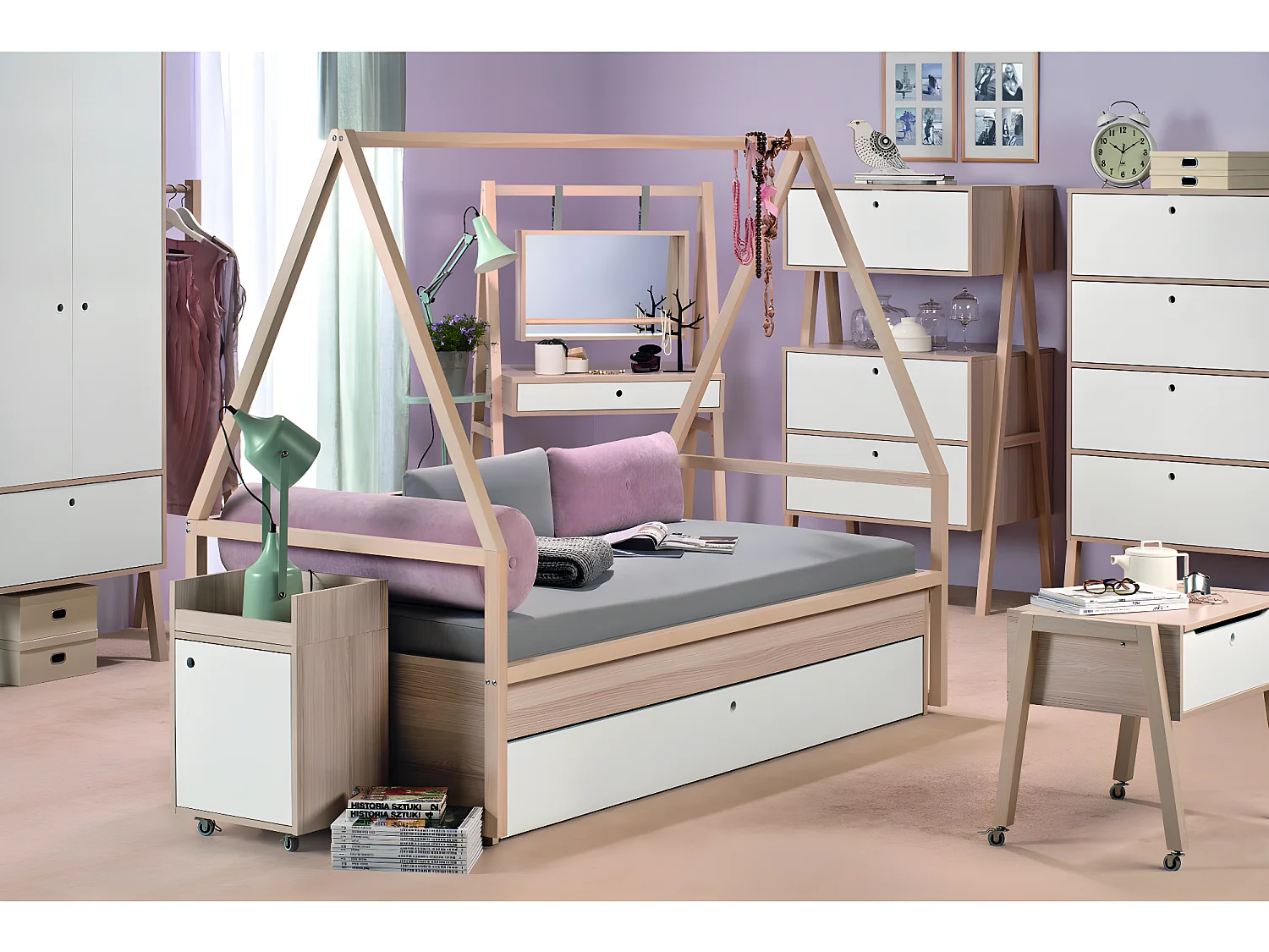 Lit 90x200cm avec tiroir de lit Spot Acacia et Blanc