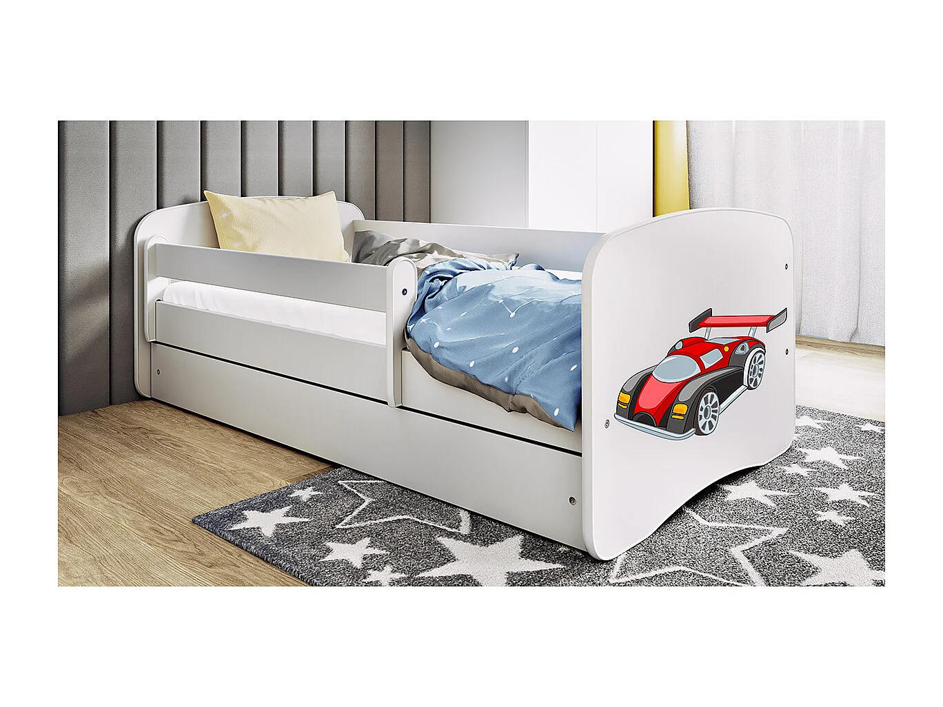 Kinderbett Rennwagen  mit Schublade Weiß 180/80 | Jugendbett